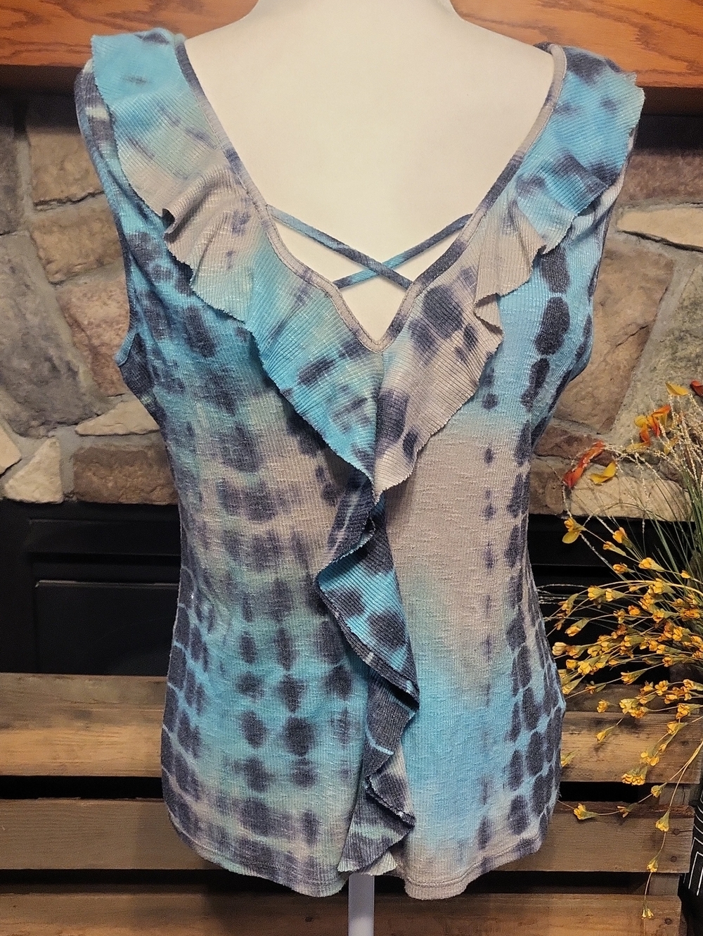 VENUS Blue and Gray Tie-Dye Ruffled V-Neck Tank with Crisscross Straps